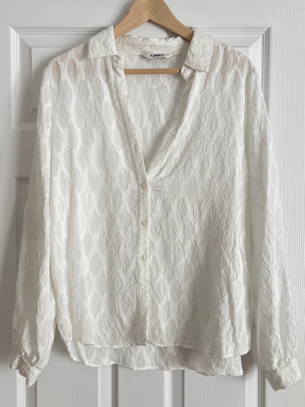 ONLY White Textured V-Neck Button-Down Shirt